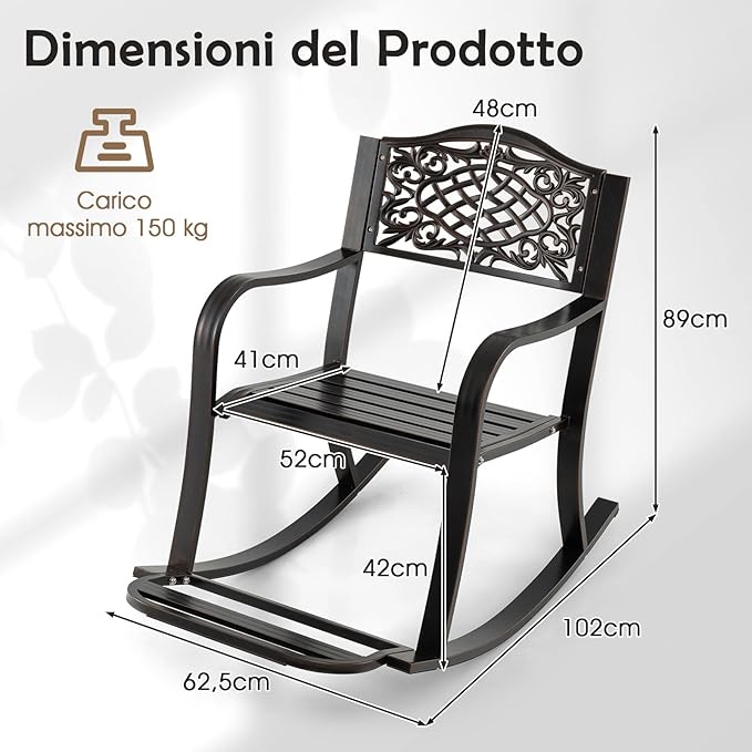 Sedia a Dondolo da Giardino Stile Rustico, Sedia da Esterno in Alluminio con Poggiapiedi, Schienale Decorativo e Braccioli, Dondolo per Giardino e Balcone, 102 x 62,5 x 89 cm, Marrone