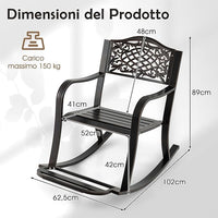 Sedia a Dondolo da Giardino Stile Rustico, Sedia da Esterno in Alluminio con Poggiapiedi, Schienale Decorativo e Braccioli, Dondolo per Giardino e Balcone, 102 x 62,5 x 89 cm, Marrone