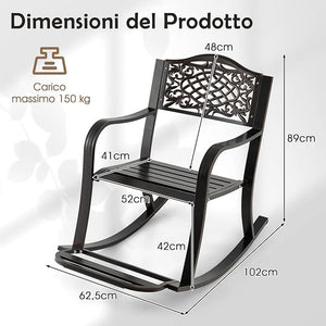 Sedia a Dondolo da Giardino Stile Rustico, Sedia da Esterno in Alluminio con Poggiapiedi, Schienale Decorativo e Braccioli, Dondolo per Giardino e Balcone, 102 x 62,5 x 89 cm, Marrone
