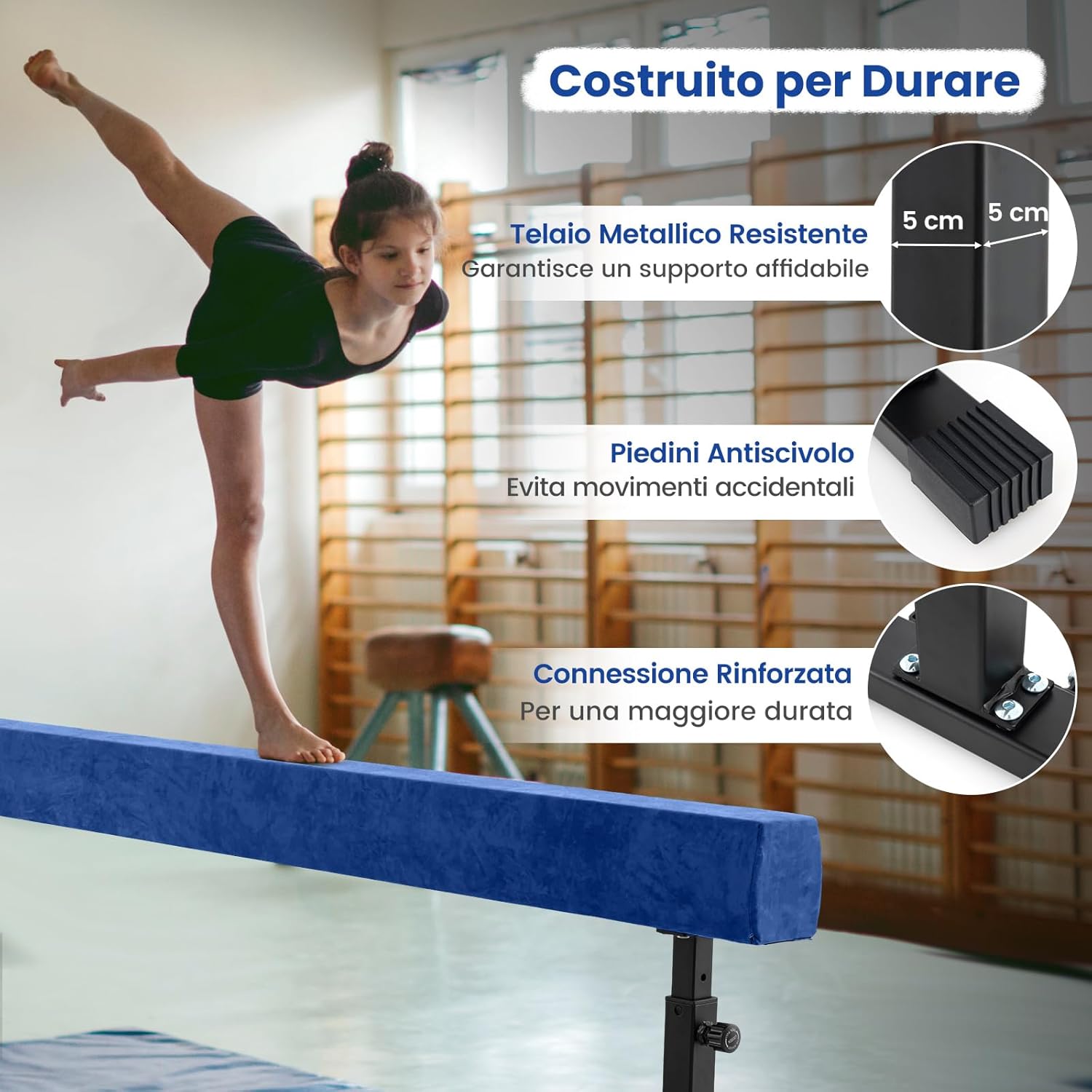 Trave Ginnastica Artistica per Casa Regolabile 226 cm, Trave di Equilibrio con Ruote e 3 Altezze Regolabili e Gambe Robuste per Principianti e Professionisti