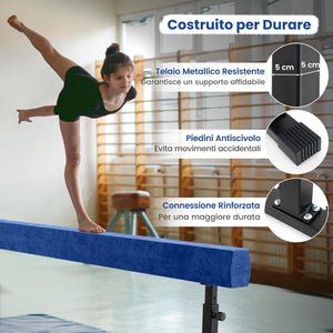 Trave Ginnastica Artistica per Casa Regolabile 226 cm, Trave di Equilibrio con Ruote e 3 Altezze Regolabili e Gambe Robuste per Principianti e Professionisti