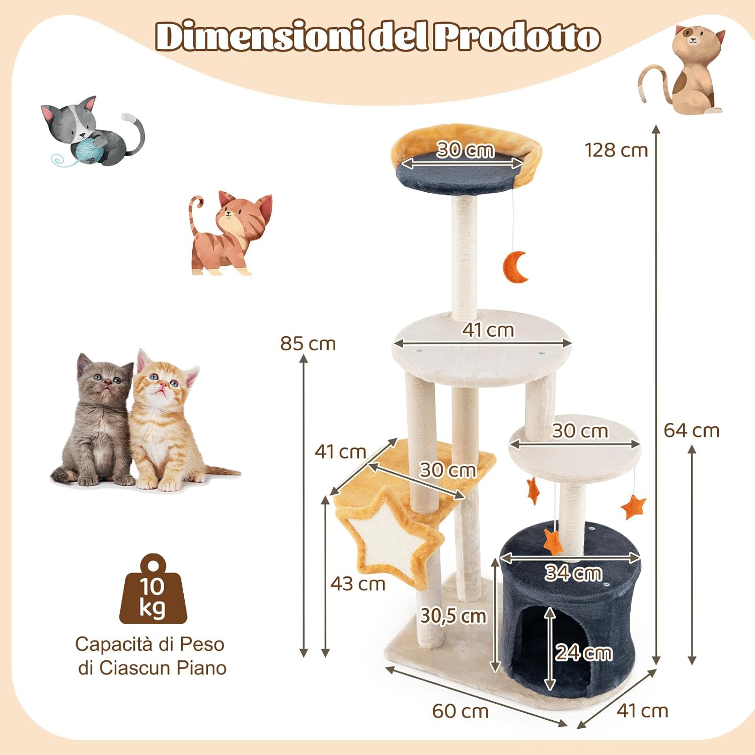 Tiragraffi per Gatti 128cm, Albero per Gatti da Interno, Torre Multi-Livello con Tiragraffi in Sisal, Gattiera, Piattaforma Superiore in Peluche e Giocattoli Appesi