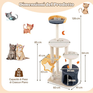 Tiragraffi per Gatti 128cm, Albero per Gatti da Interno, Torre Multi-Livello con Tiragraffi in Sisal, Gattiera, Piattaforma Superiore in Peluche e Giocattoli Appesi