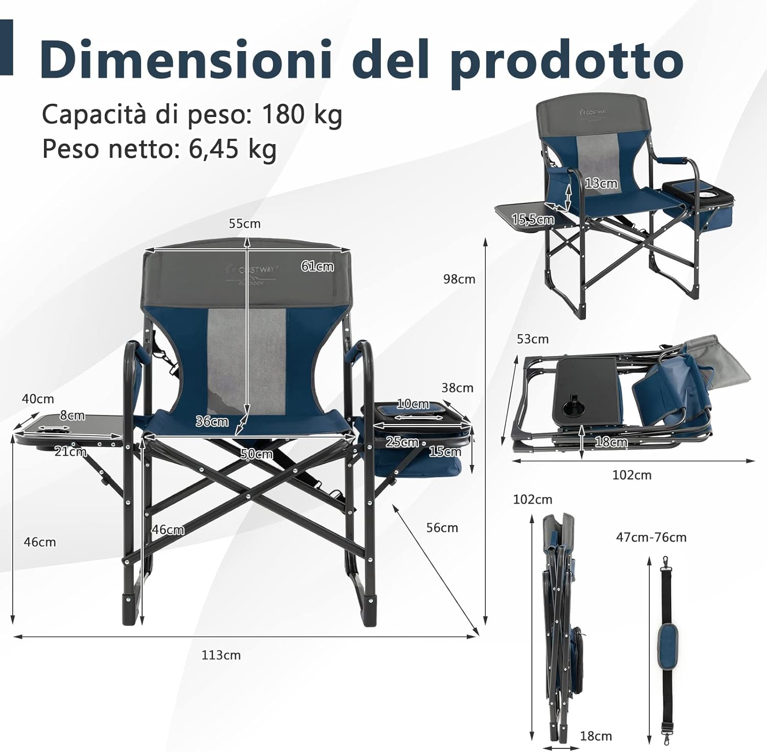 Sedia da Campeggio Pieghevole, Sedia da Regista Robusta con Tavolino, Borsa Frigo, Borsa Portaoggetti e Cinghia, Sedia da Trucco da 180 kg, per Campeggio Escursione Pesca Picnic (blu)