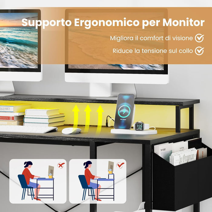 Scrivania Angolare da Gaming, Scrivania Salvaspazio a Forma di L con Luci LED, Stazione di Ricarica, Ripiani e Supporto per Monitor, Scrivania ad Angolo per Casa e Ufficio (Nero)