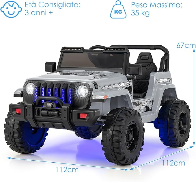 12V Auto per Bambini con Telecomando, Macchina Elettrica con 2 Posti Musica Porta USB e Luce, Velocità Regolabile 2,6-6km/h, per 3-8 Anni (Grigio)