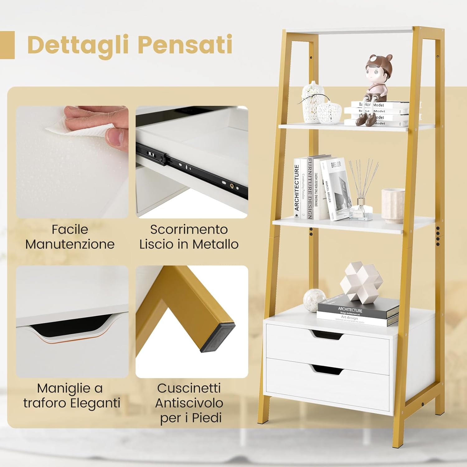 Scaffale a Scala, Libreria in Legno a 4 Ripiani con 2 Cassetti, Scaffale Salvaspazio da Terra per Camera da Letto, Studio, Ufficio e Soggiorno, 52 x 39,5 x 134 cm (Bianco)