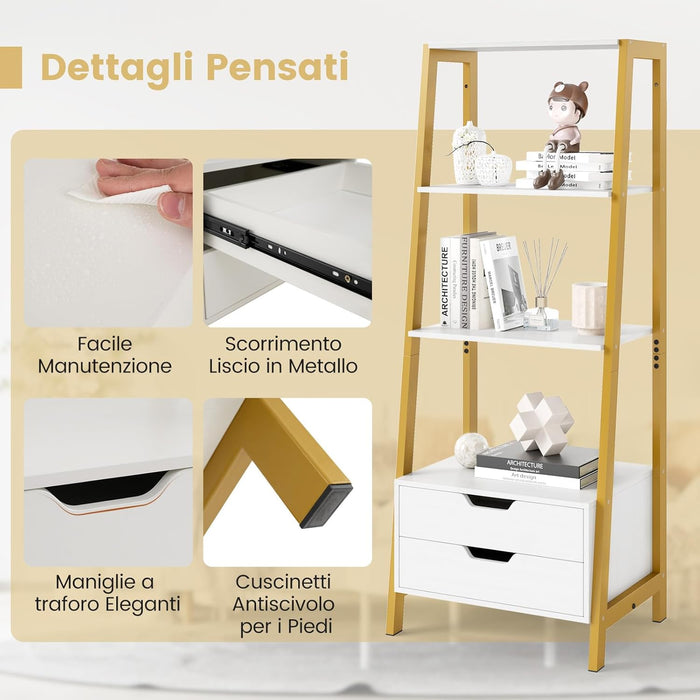 Scaffale a Scala, Libreria in Legno a 4 Ripiani con 2 Cassetti, Scaffale Salvaspazio da Terra per Camera da Letto, Studio, Ufficio e Soggiorno, 52 x 39,5 x 134 cm (Bianco)