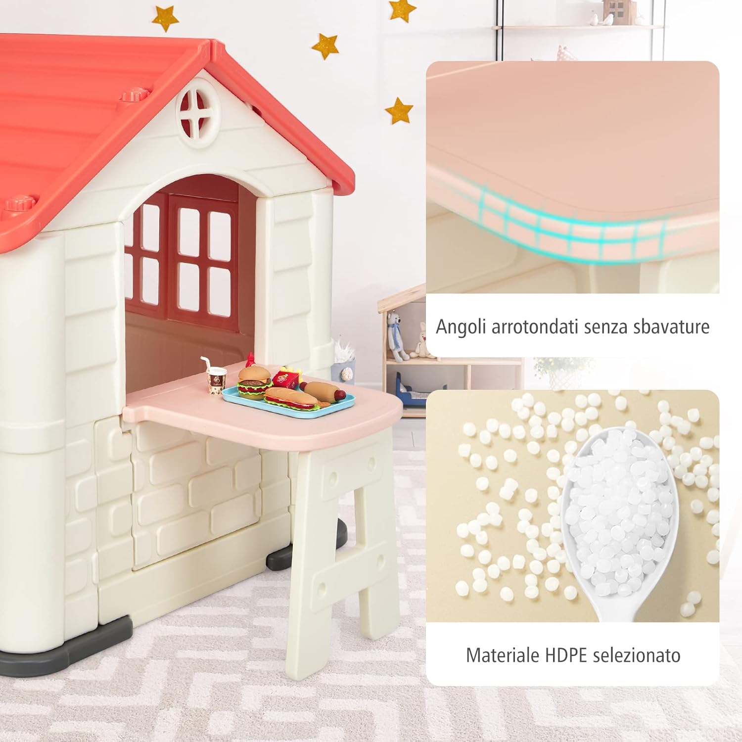 Casetta per Bambini con Porte e Finestre, Casetta Giocattolo con Tavolo, Set Giocattolo con 7 Pezzi, Ideale per Bambini 3-8 Anni, 164x124x132 cm (Rosa)