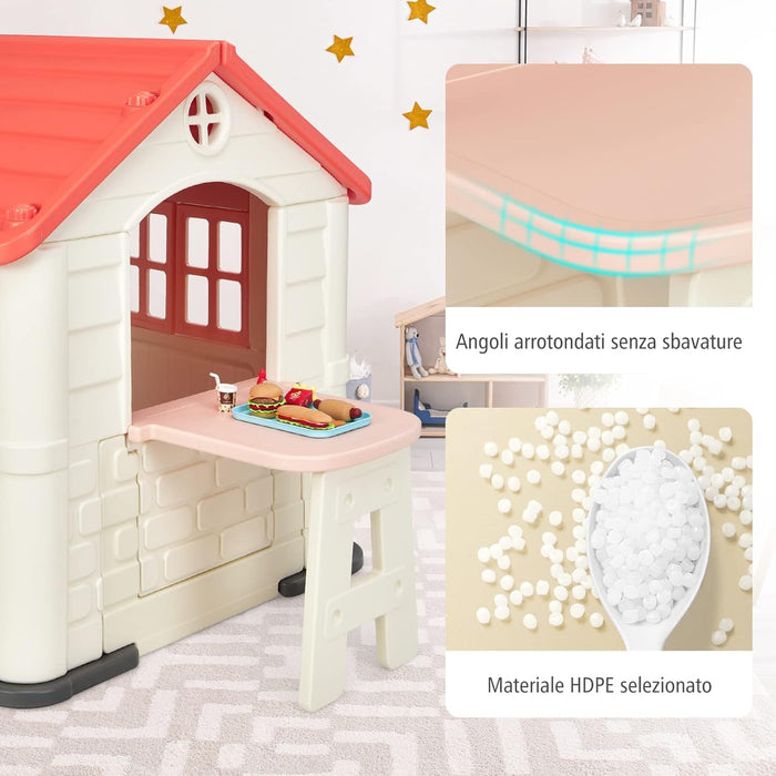 Casetta per Bambini con Porte e Finestre, Casetta Giocattolo con Tavolo, Set Giocattolo con 7 Pezzi, Ideale per Bambini 3-8 Anni, 164x124x132 cm (Rosa)