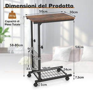 Tavolino da Salotto Moderno, Tavolino Basso Regolabile in Altezza con Ruote e Cestino Portaoggetti, Tavolino Porta PC a Forma di C da Divano e Letto per Soggiorno e Camera da Letto (Marrone)