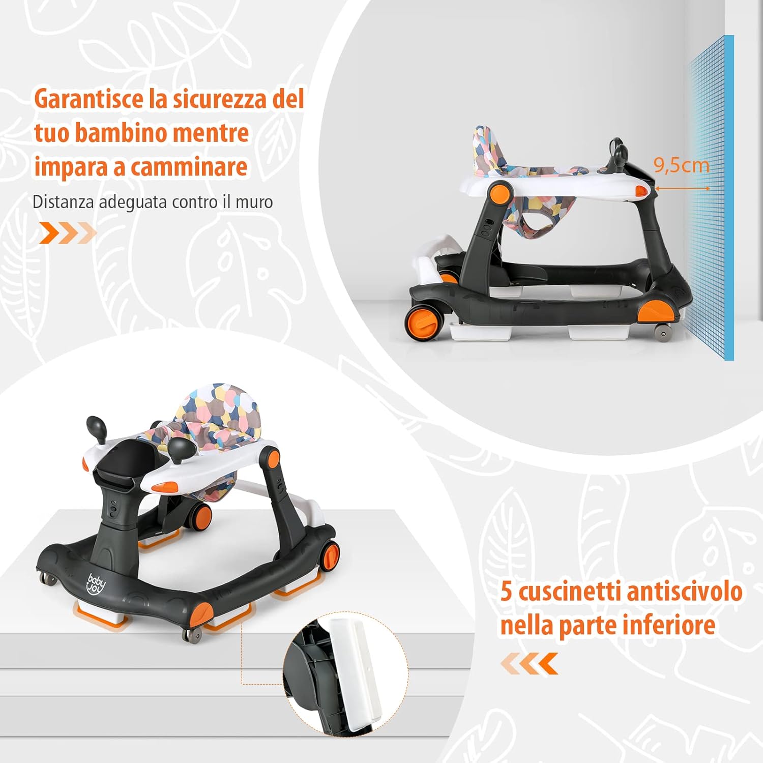Girello per bambini 2 in 1, Girello con Altezza e Velocità Regolabili, Carillon con Luci e Cuscino Comodo, Primi Passi per Bambini 6-18 Mesi, Capacità di carico: 15 kg (Nero)