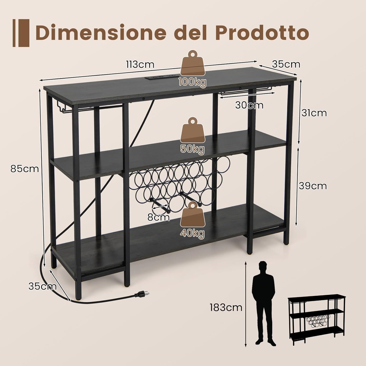 Mobile Bar Vino, Portabottiglie Industriale con 3 Ripiani, Porta Calici, Porte USB e Prese, Mobile Portabottiglie di Vino con Struttura in Metallo, 113 x 35 x 85 cm (Grigio)
