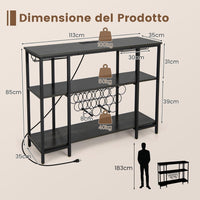 Mobile Bar Vino, Portabottiglie Industriale con 3 Ripiani, Porta Calici, Porte USB e Prese, Mobile Portabottiglie di Vino con Struttura in Metallo, 113 x 35 x 85 cm (Grigio)