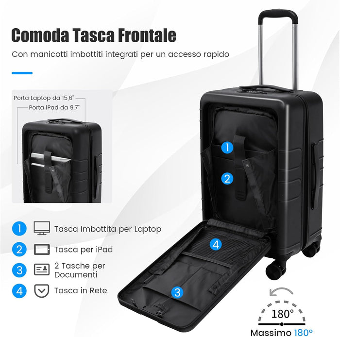 Valigia Bagaglio da 20" con Tasca Frontale, Porta USB, Tavolino Pieghevole, Valigia con Serratura, Ruote Girevoli, Manico Regolabile, Trolley Valigia Rigida Bagaglio da Viaggio (Nero)