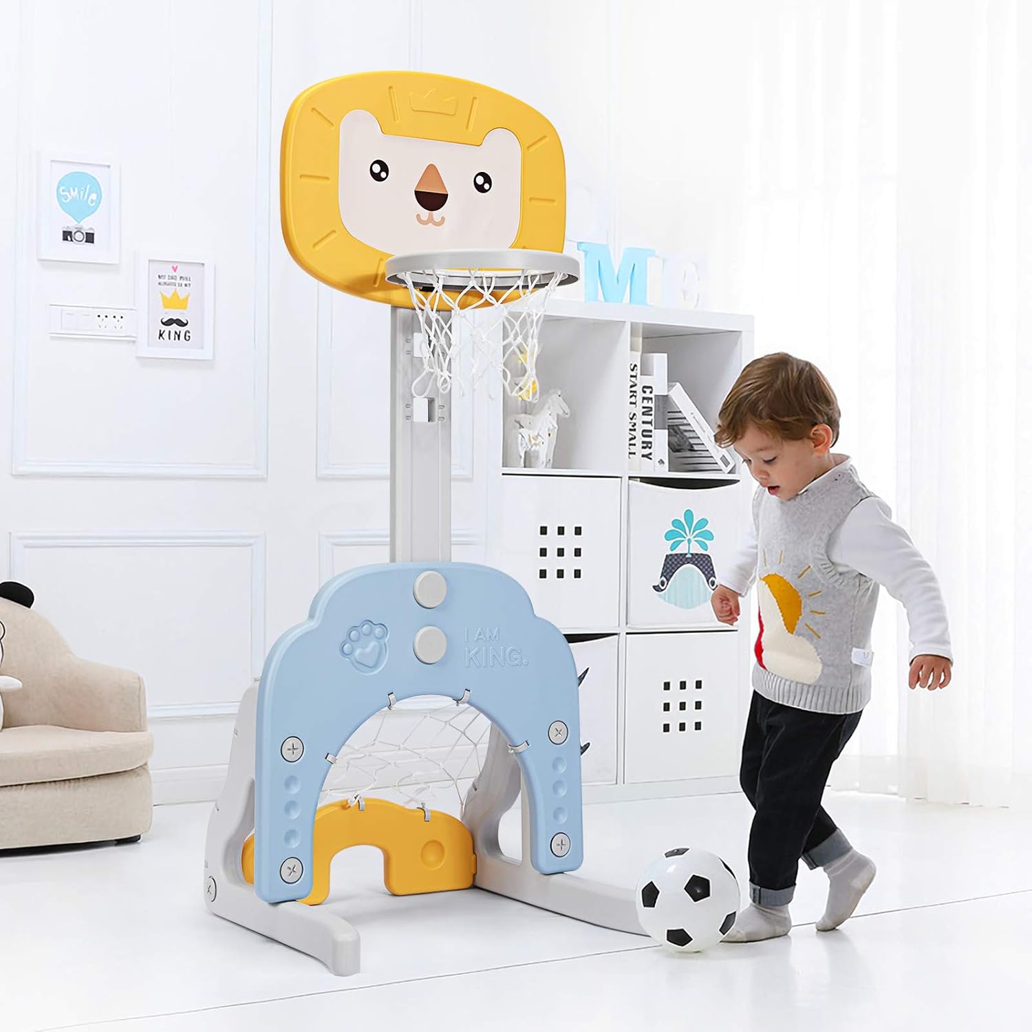 Basket per Bambini Centro attivita Multifunzione - Palla Canestro, Calcio e Golf, Mazza da Golf e Palle incluese, per Bambini, Altezza Regolabile (Leone Giallo)