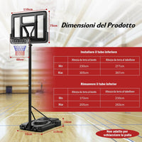 Canestro da Basket da Esterno ed Interno per Adulti, Canestro da Basket Professionale e Regolabile 230-305 cm con Ruote, Tabellone Antiurto da 110 cm e Contenitore per Palloni