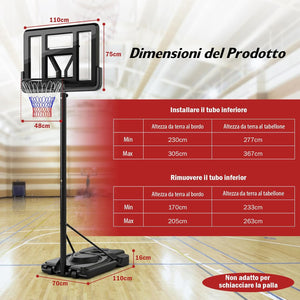 Canestro da Basket da Esterno ed Interno per Adulti, Canestro da Basket Professionale e Regolabile 230-305 cm con Ruote, Tabellone Antiurto da 110 cm e Contenitore per Palloni