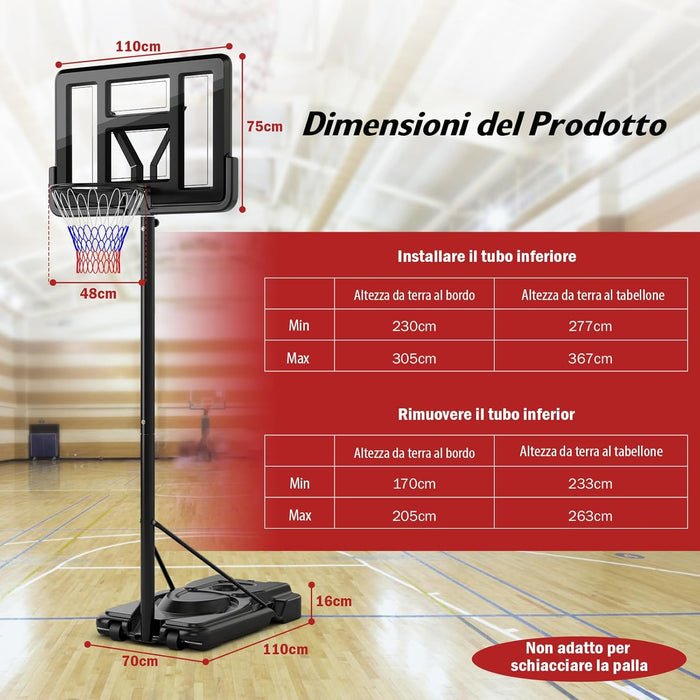 Canestro da Basket da Esterno ed Interno per Adulti, Canestro da Basket Professionale e Regolabile 230-305 cm con Ruote, Tabellone Antiurto da 110 cm e Contenitore per Palloni
