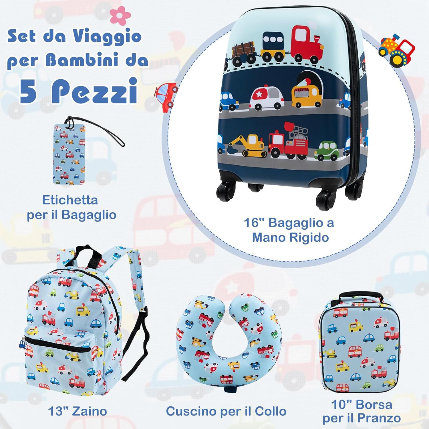 5 Pezzi Valigia per Bambini, Valigia con ManicoTelescopico da 16" con 13" Zainetto, Cuscino per Il Collo, Etichetta per Bagaglio, Borsa per Il Pranzo, con Ruote Girevoli a 360 ° (Modello 3)