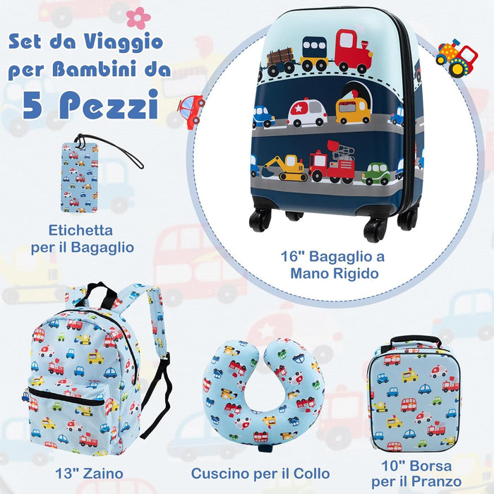 5 Pezzi Valigia per Bambini, Valigia con ManicoTelescopico da 16" con 13" Zainetto, Cuscino per Il Collo, Etichetta per Bagaglio, Borsa per Il Pranzo, con Ruote Girevoli a 360 ° (Modello 3)