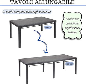 Tavolo da giardino 8 posti allungabile 150/240x90x72h cm in plastica effetto rattan colore antracite Tomaino