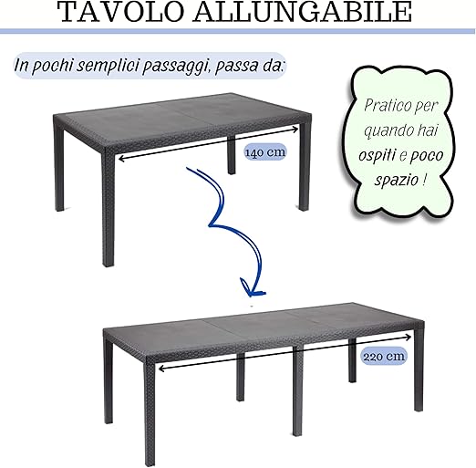 Tavolo da giardino 8 posti allungabile 150/240x90x72h cm in plastica effetto rattan colore antracite Tomaino
