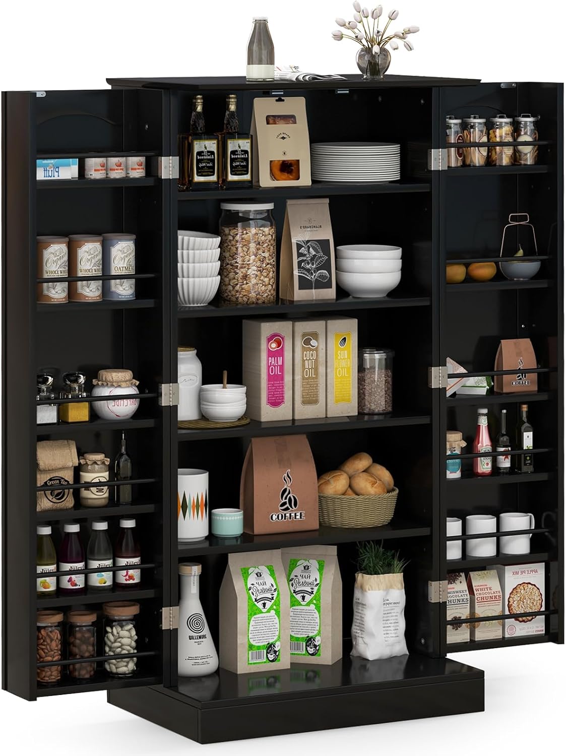 Credenza da Cucina, Mobile da Cucina Moderno con 6 Ripiani Regolabili, per Cucina, Sala da Pranzo e Soggiorno, 60 x 40 x 120 cm (Nero)