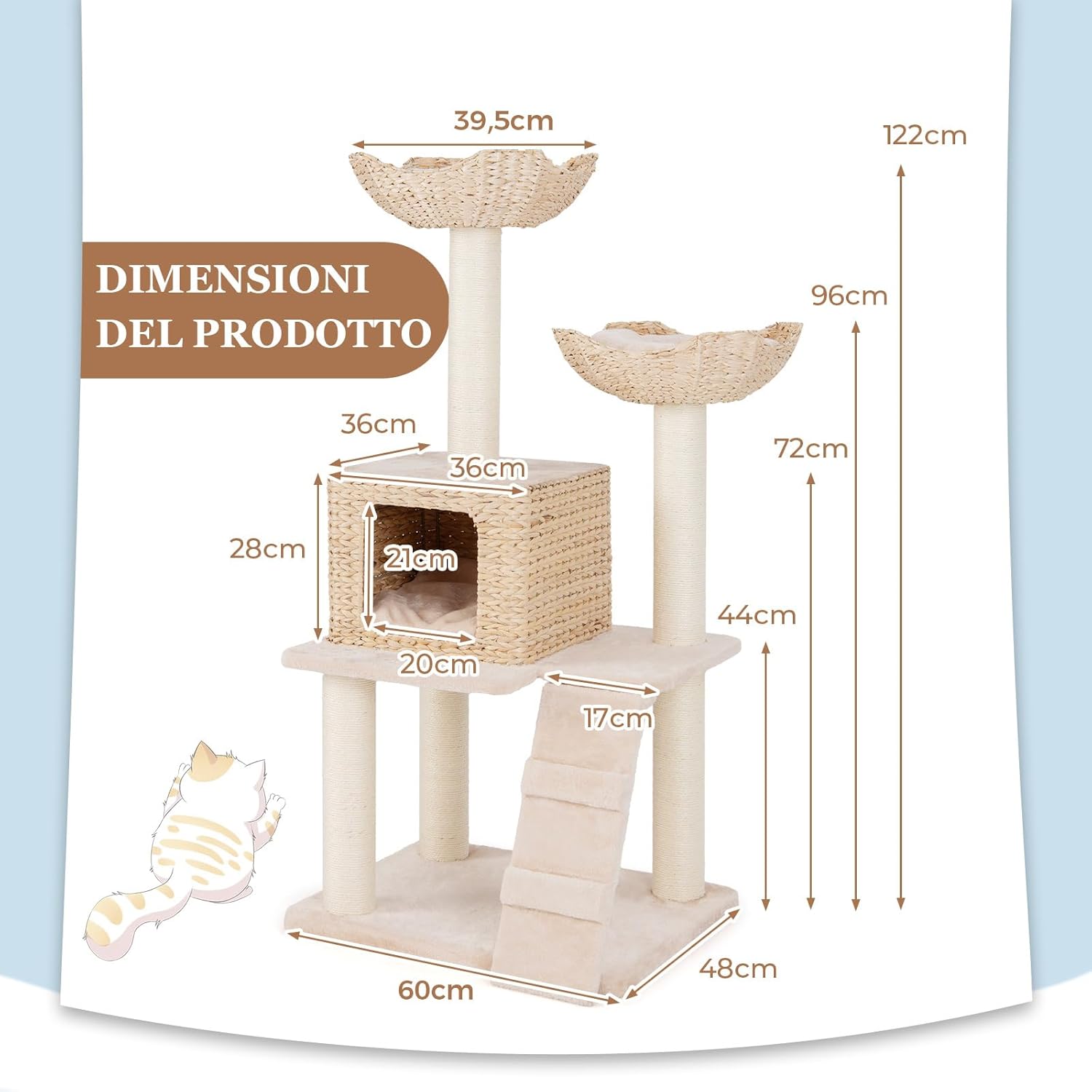 Tiragraffi per Gatti 122cm, Albero per Gatti con Posti per Graffiare in Sisal, Cuccia in Velluto a Coste, Scala e Cuscini Lavabili, Torre Cattail per Animali Domestici, Beige e Naturale
