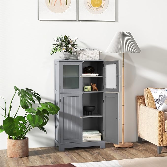 Armadietto del Bagno con 4 Ante, Armadietto con Ante di Vetro, Credenza di Legno con Mensole Regolabili, Organizer Multiuso per Casa Corridoio Salone Ufficio (Grigio)