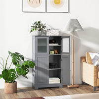 Armadietto del Bagno con 4 Ante, Armadietto con Ante di Vetro, Credenza di Legno con Mensole Regolabili, Organizer Multiuso per Casa Corridoio Salone Ufficio (Grigio)