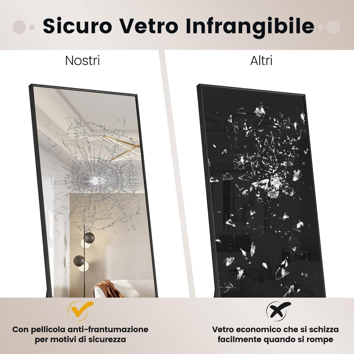 Specchio da Parete Lungo, Specchio da Terra Appendere con Cornice in Lega di Alluminio e Ganci, Per Camera da Letto e Soggiorno, 160 x 40 cm (Nero)