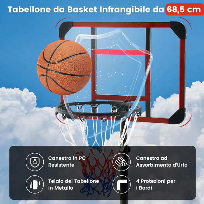 Canestro da Basket Regolabile in Altezza 193-248 CM, Canestro da Basket da Esterno ed Interno con Ruote e Supporto per Pallone, Canestro da Basket per Parco, Casa e Giardino
