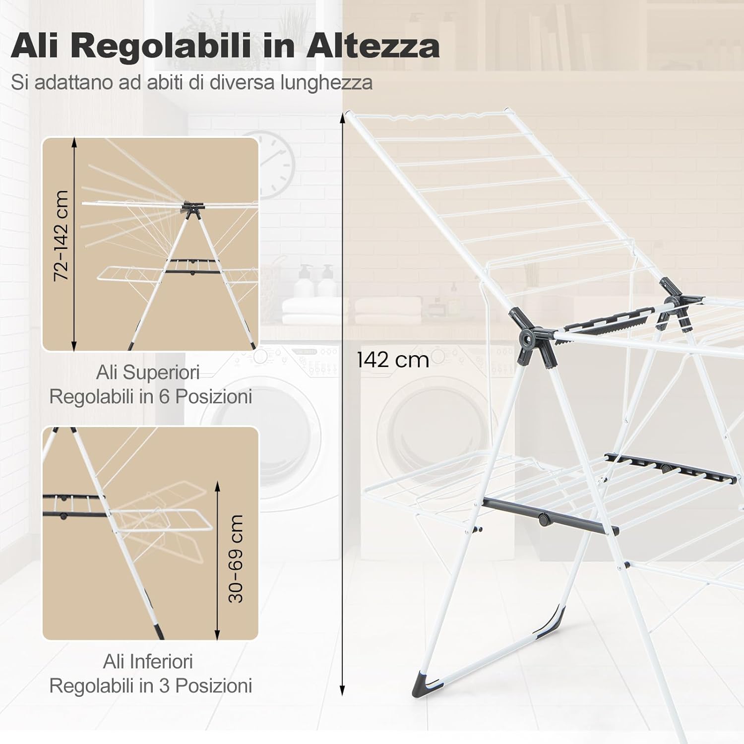 Stendibiancheria a 2 Livelli, Stendino Pieghevole con Ali Regolabili in Altezza, con Gancio Antivento, Stabile e Antiscivolo, per Interno ed Esterno, 145 x 58 x 95 cm