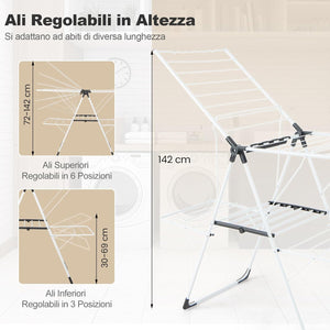 Stendibiancheria a 2 Livelli, Stendino Pieghevole con Ali Regolabili in Altezza, con Gancio Antivento, Stabile e Antiscivolo, per Interno ed Esterno, 145 x 58 x 95 cm