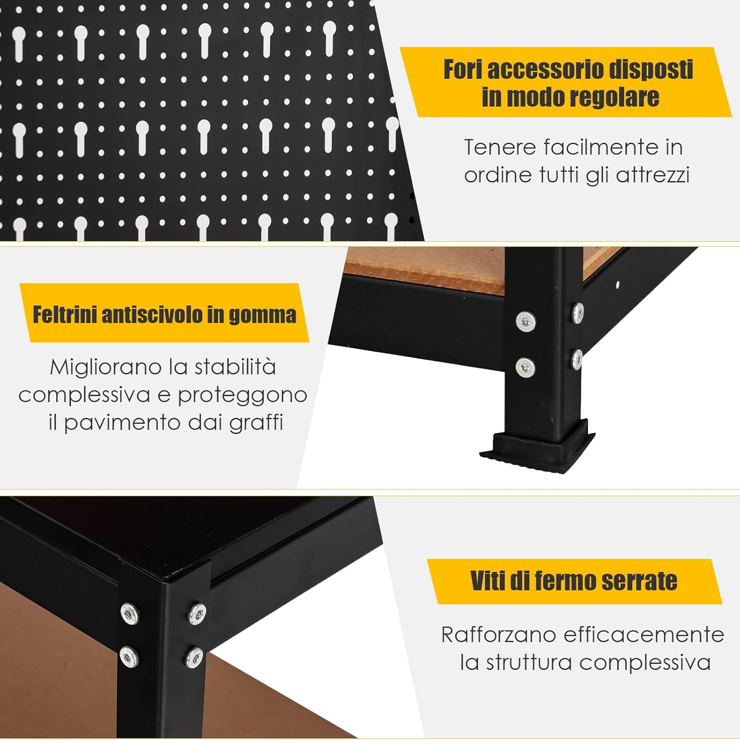 Banco da Lavoro, in Metallo e MDF, con 3 Ripiani, 13 Accessori da Appendere, 80,5 x 41x 155cm, per Garage, Casa, Officina e Magazzino