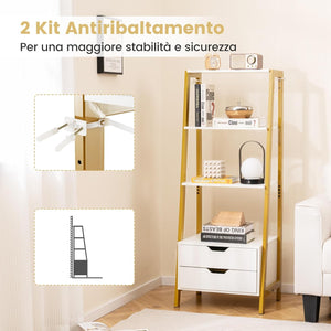 Scaffale a Scala, Libreria in Legno a 4 Ripiani con 2 Cassetti, Scaffale Salvaspazio da Terra per Camera da Letto, Studio, Ufficio e Soggiorno, 52 x 39,5 x 134 cm (Bianco)