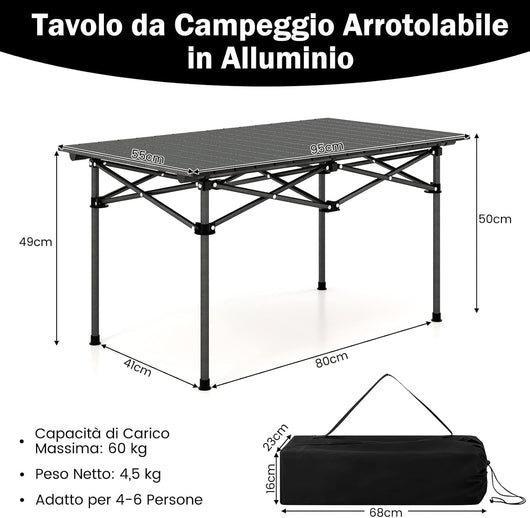 Tavolo da Campeggio in Alluminio per 4-6 Persone, Tavolo da Picnic Pieghevole e Leggero con Borsa per il Trasporto, Tavolo da Spiaggia Esterno Arrotolabile per Campeggio Escursioni Pesca, Nero