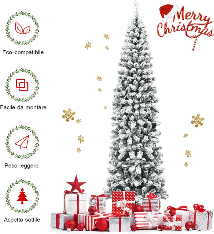 Albero di Natale Innevato 140/180/225 cm, Albero di Natale Artificiale Slim con 242/500/641 Rami Realistici e Folti e Base Pieghevole di Metallo, Apertura a Ombrello (225 cm)