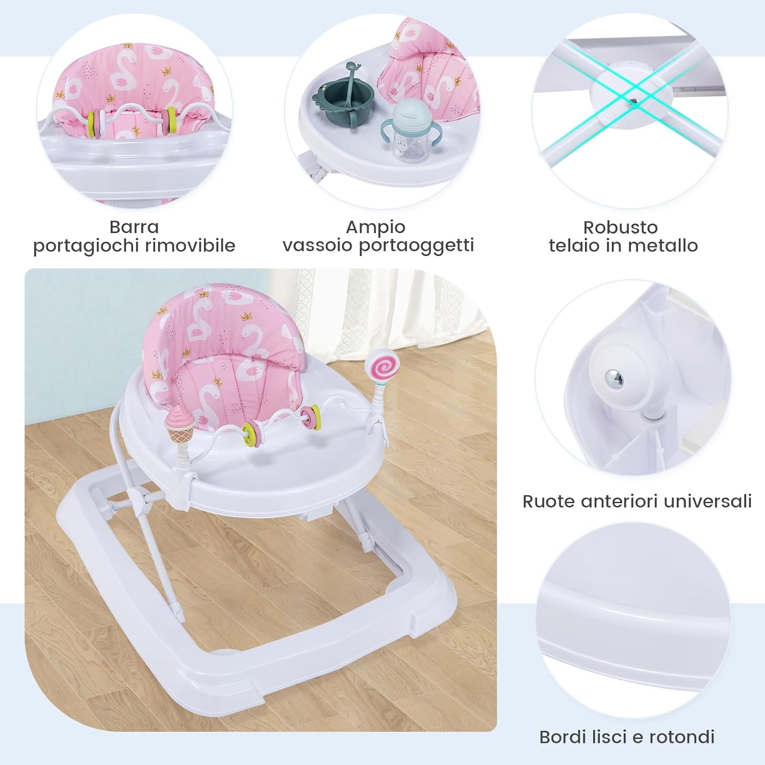 Girello per Bambini, Girello Pieghevole con Ruote, Altezza Regolabile di 3 Livelli, Cuscino del Sedile Rimovibile, per Bambini 6-36 Mesi (Rosa)