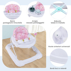 Girello per Bambini, Girello Pieghevole con Ruote, Altezza Regolabile di 3 Livelli, Cuscino del Sedile Rimovibile, per Bambini 6-36 Mesi (Rosa)