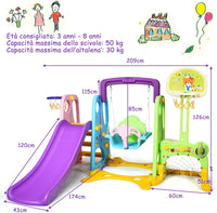 Parco Giochi 6 in 1 Multi Giochi da Giardino, con Altalena e Scivolo, Pallacanestro e Porta da Calcio, per Bambini