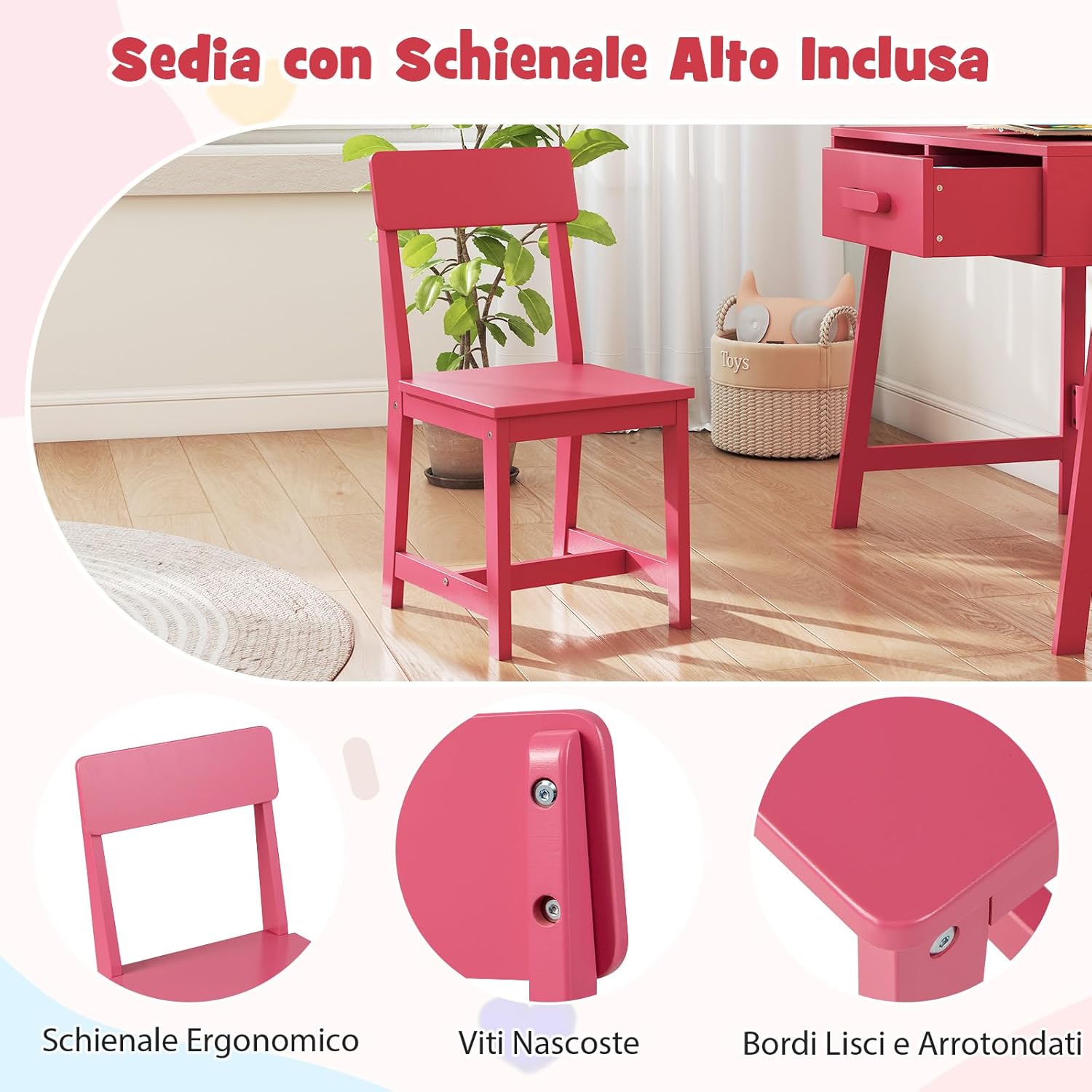 Set Tavolo e Seide per bambini in Legno, Scrivania e Sedia con Cassetto e Scomparto, Tavolino e Sedia per Cameretta, Soggiorno e Scuola (Rosa)