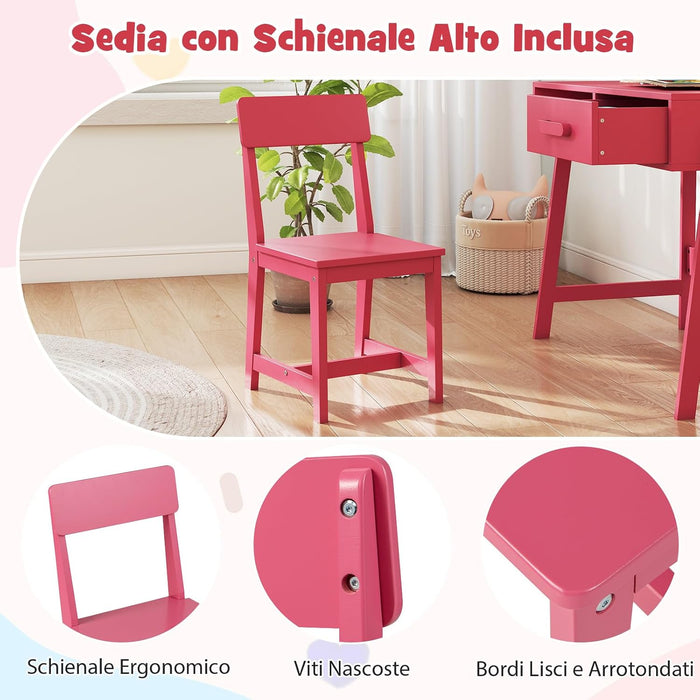 Set Tavolo e Seide per bambini in Legno, Scrivania e Sedia con Cassetto e Scomparto, Tavolino e Sedia per Cameretta, Soggiorno e Scuola (Rosa)