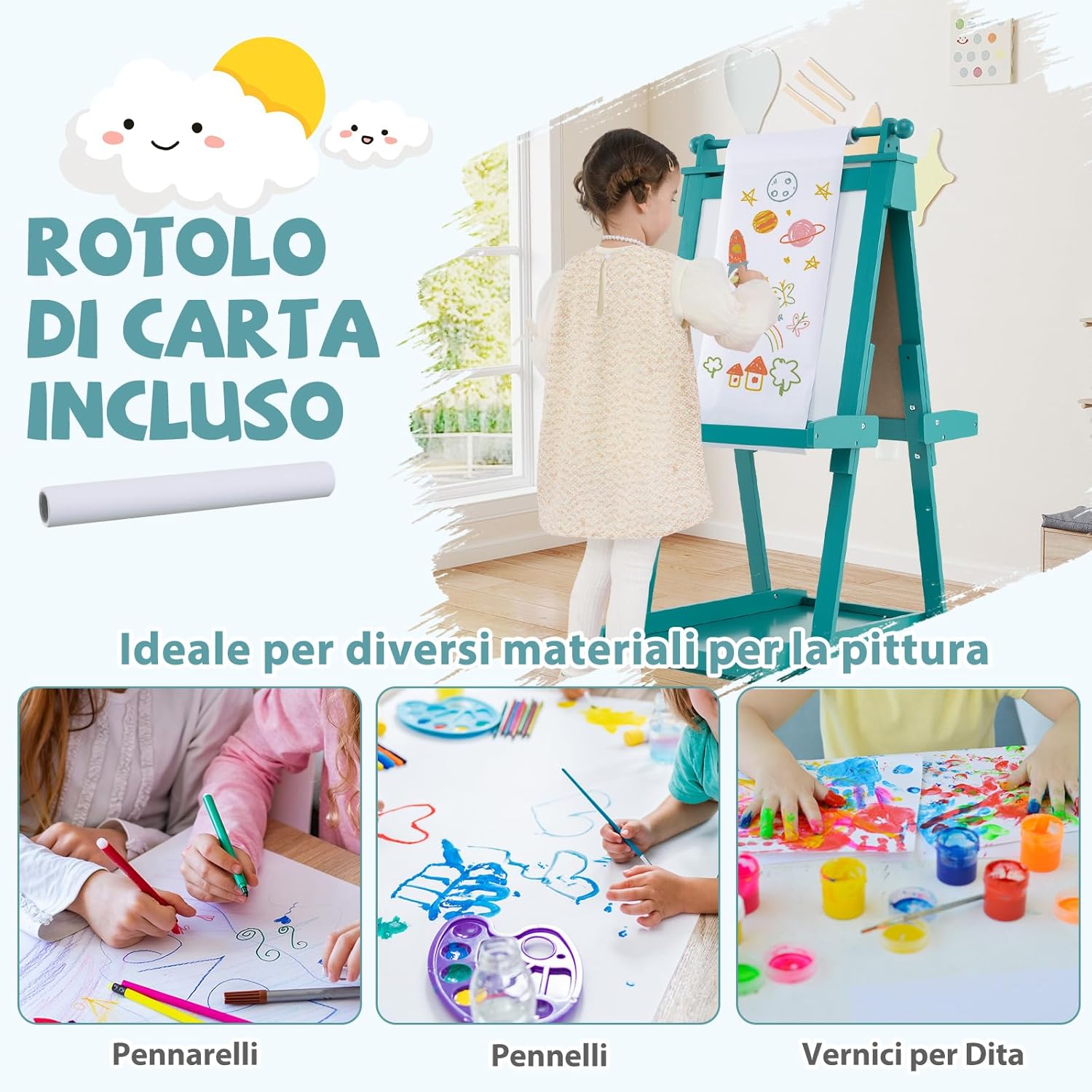 Lavagna per Bambini 3 in 1, Lavagna Magnetica con Lavagna Bifacciale, Rotolo di Carta, Vassoi Portaoggetti e 3 Bicchieri per Pittura, Cavalletto in Legno per Bambini 3+ Anni (Verde)