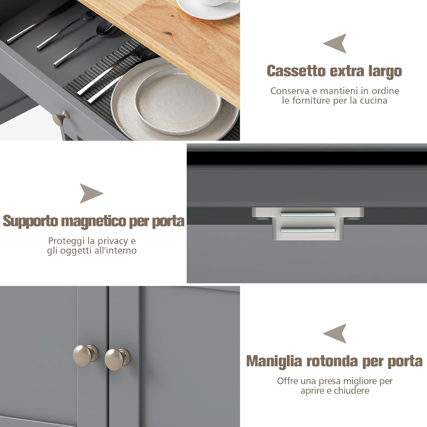 Carrello da Cucina, con Portabottiglie Tre Ante e Ruote, Credenza Cucina in Legno di Pino e MDF, Ideale per Soggiorno e Cucina, 67 x 37 x 86 cm（Grigio）