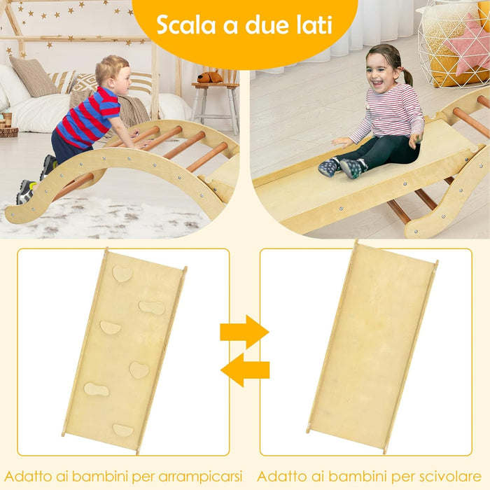 4 in 1 Set da Arrampicata per Bambini, Scala Giochi Arrampicata con Tappetino, Scala a Volta Versatile per Arrampicarsi e Scivolare, Carico 60 kg (Naturale)