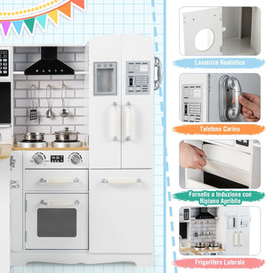 Cucina Giocattolo per Bambini, Cucina per Bambini in Legno con Lavello, Fornelli, Cappa, Telefono, Frigorifero, Lavatrice e Utensili da Cucina, 3 Anni+, Bianco