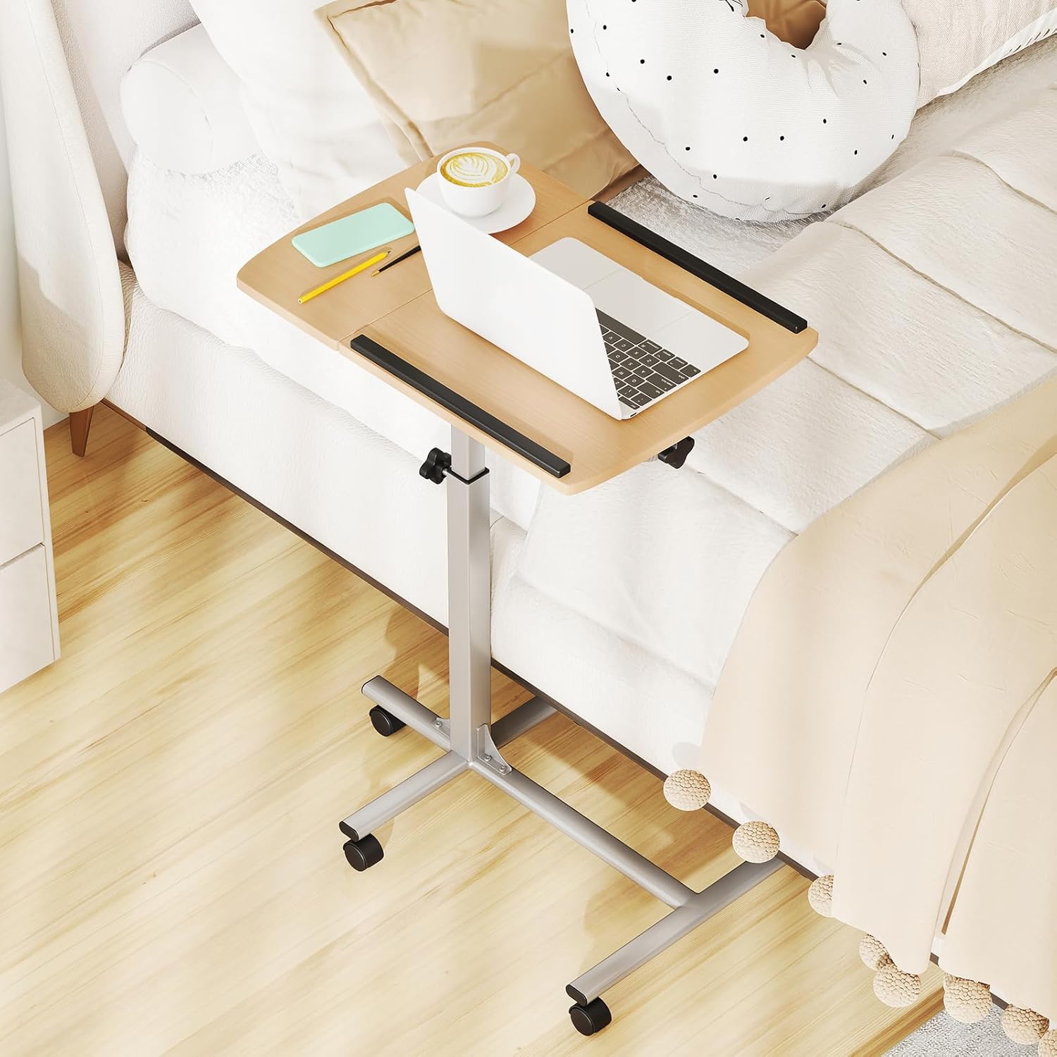 Tavolino Regolabile in Altezza, Tavolino da Computer per Letto e Divano, Tavolo Servitore Porta PC con Ruote