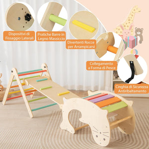 7 in 1 Set di Arrampicate per Bambini, Arrampicatore Pieghevole in Legno con Scivolo Reversibile, Dondolo e Arrampicata, Tavolo e Tunnel, per Bambini 3-14 Anni (Colorato)